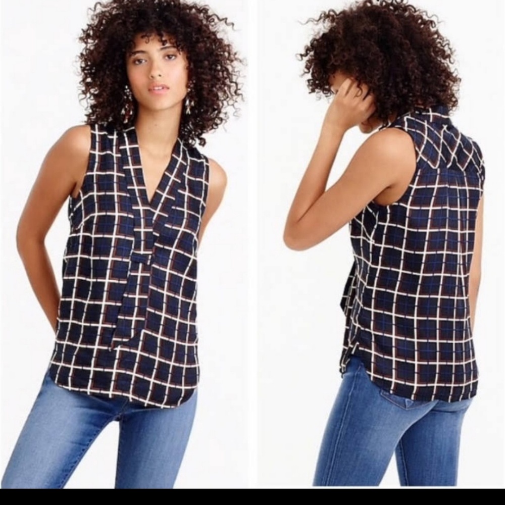 J. Crew 100% Silk Windowpane Sleeveless Blouse